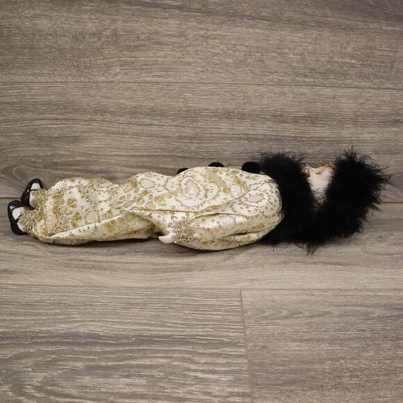 Vintage Victorian Court Jester Porcelain Clown Doll Black Gold Glitter Fuzzy - Picture 5 of 10